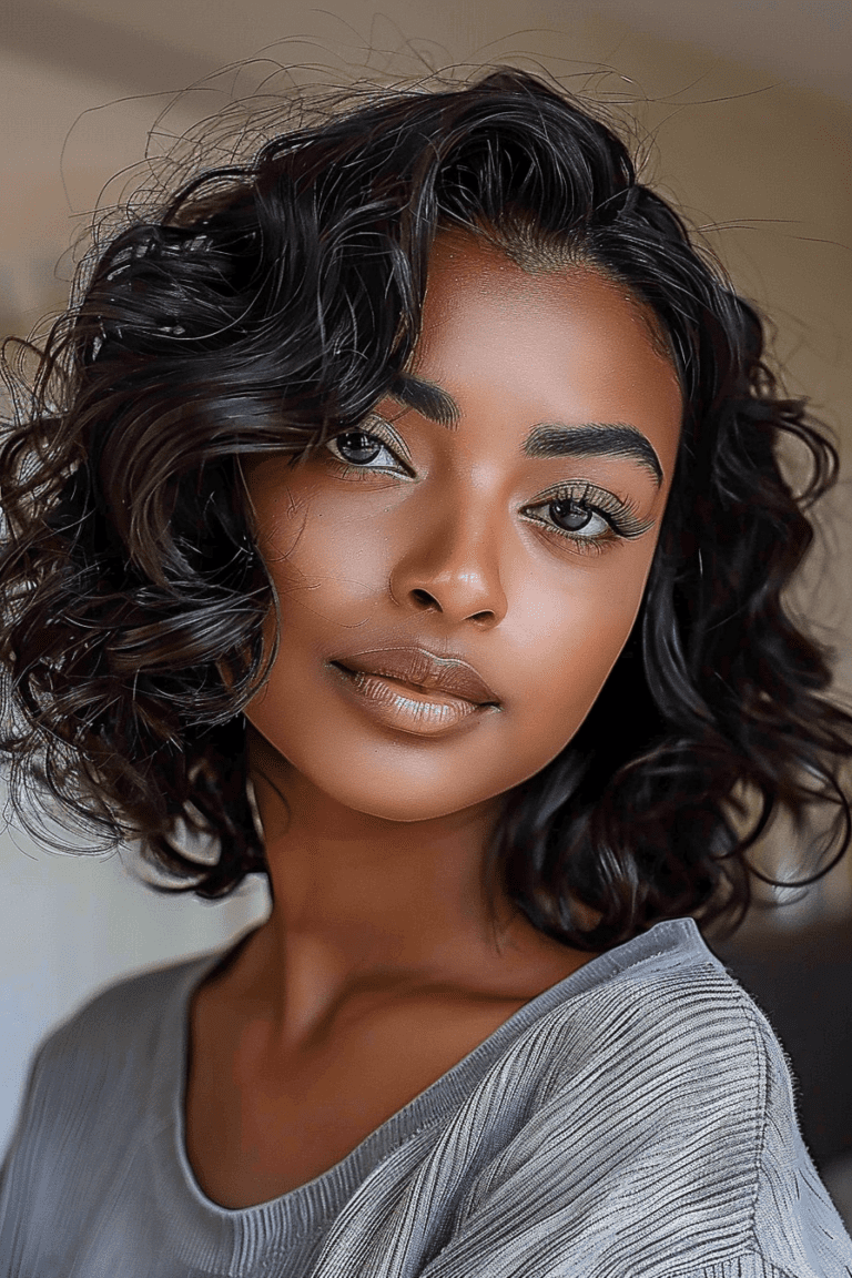 Soft and Relaxed Curly Bob Hair with a subtle side part and face framing