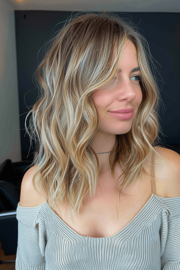 Adorable Chic Mid Length Wavy Lob with Blonde Balayage