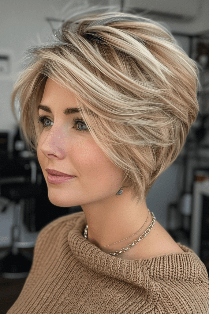 Almond Blonde Pixie with Swoopy Layers