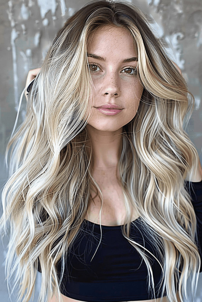 Blonde Balayage Highlights with Dark Roots for ladies with long hair