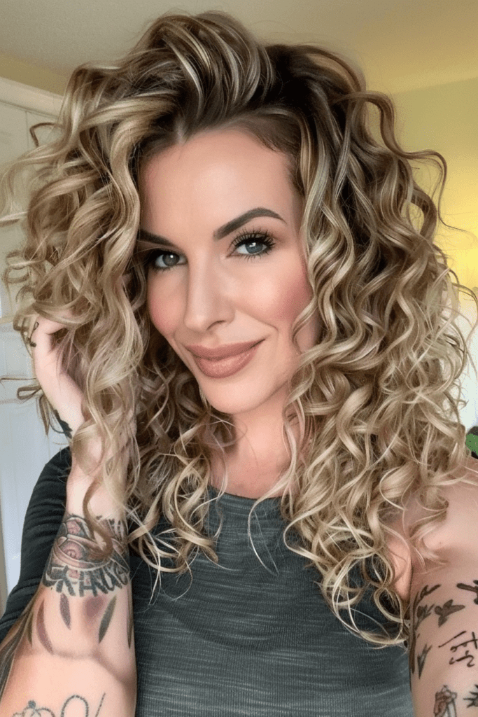Blonde Balayage with Shadow Roots on Curly Hair