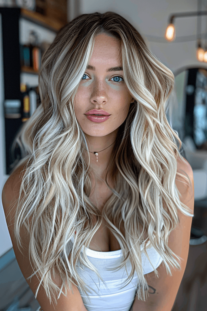 Bright and Gorgeous Blonde Balayage for women with long wavy hair
