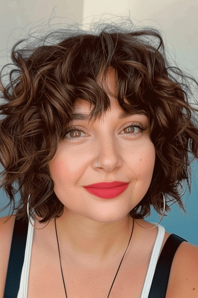 Brunette Rounded Curly Bob with Bangs