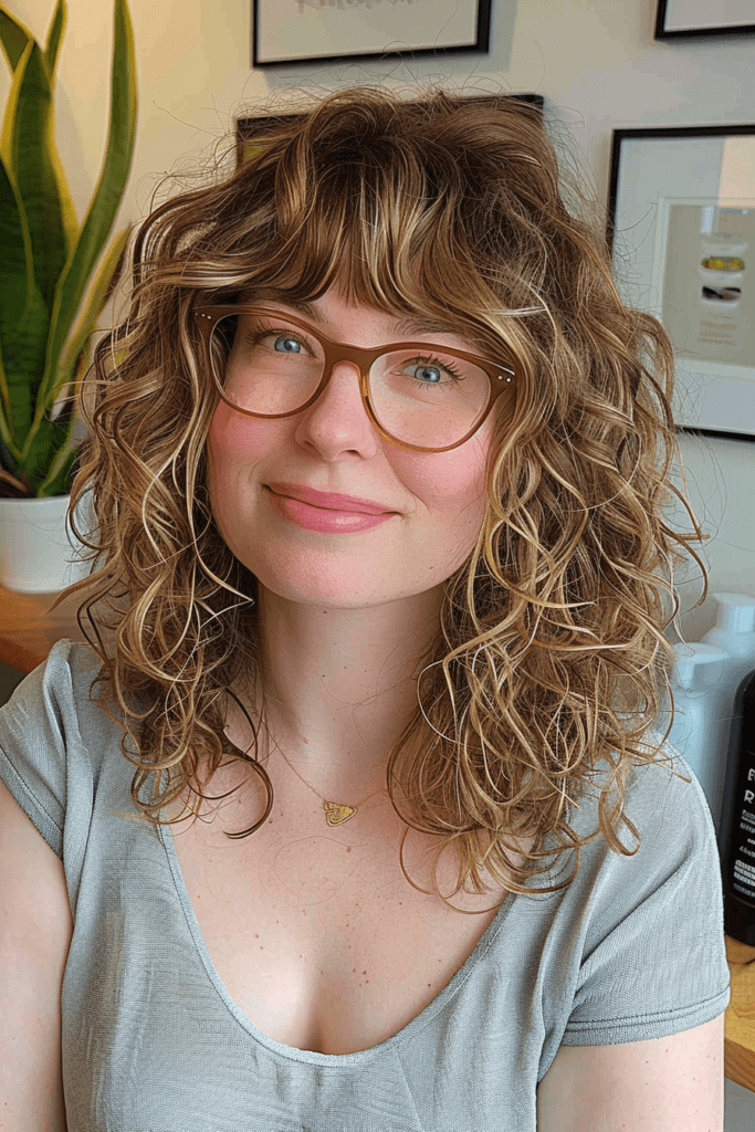 Curly Razor Cut with curtain bangs for women Over with Glasses