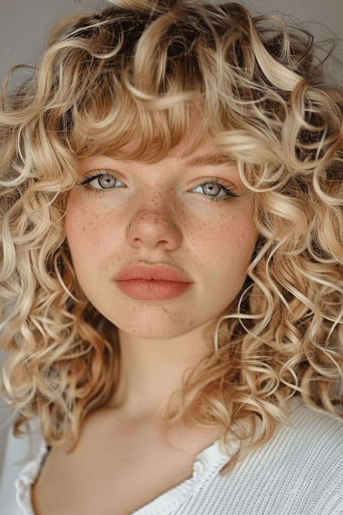 Dirty Blonde Curly Hair with Bangs