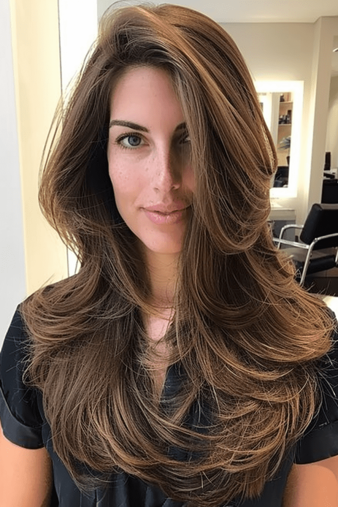 Long Haircut With Feathered Layers And Highlights