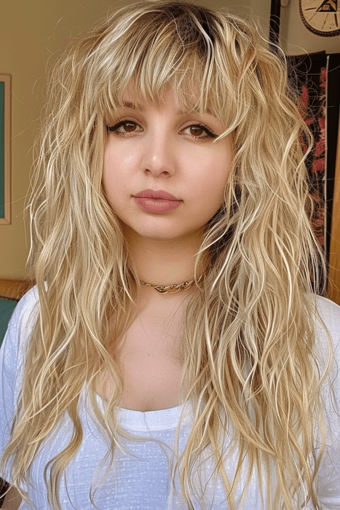 Long Light Blonde Hair with Shaggy Layers and Bangs