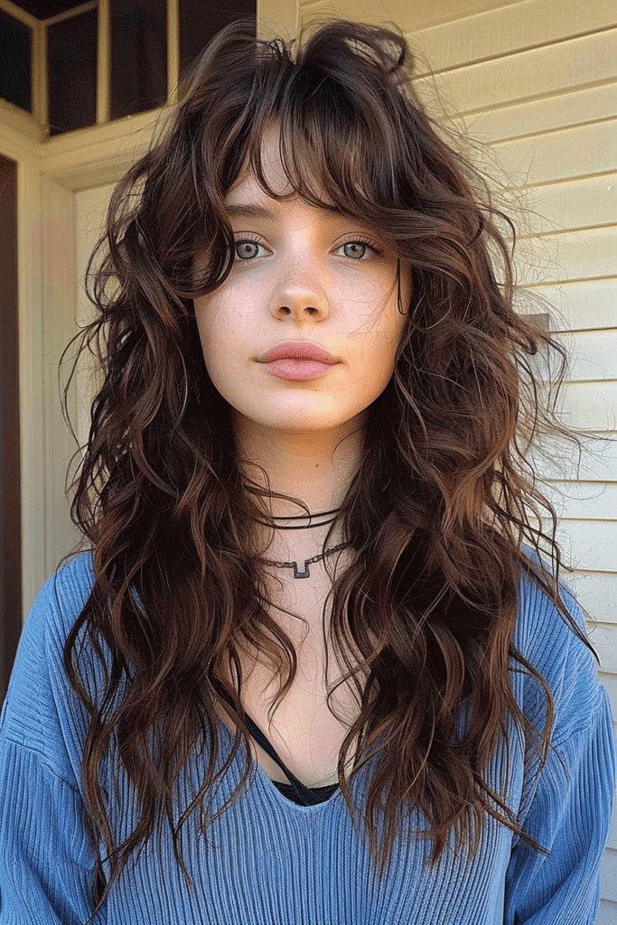 Long Tousled Curls with Curtain Middle Part Bangs