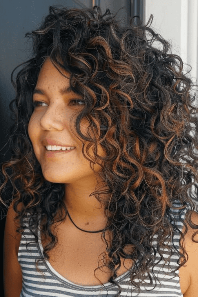 Medium Brown Highlights on Dark Curly Hair