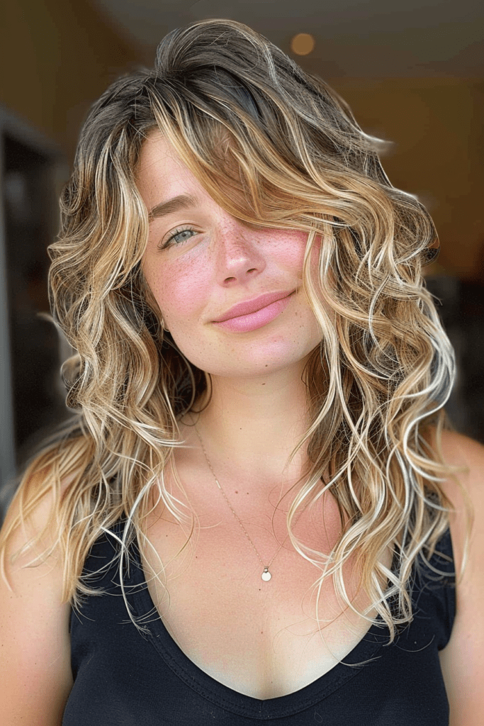 Medium Layered Hair with Loose Curly Curtain Bangs and Blonde Highlights