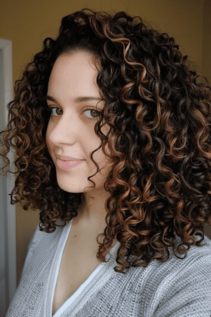 Medium Length Curly Hair with Warm Brown Highlights