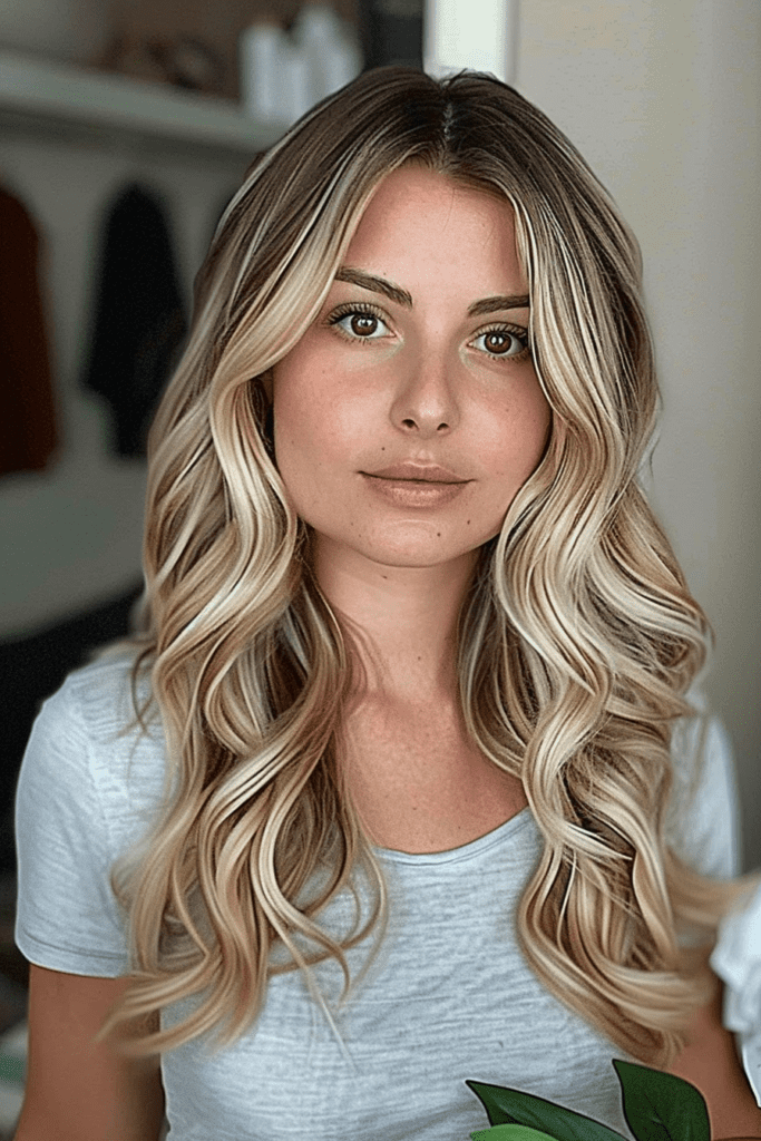 Middle Parted and Dark Rooted Blonde Balayage