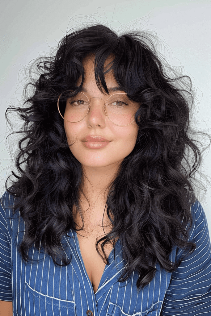 Shag on Long Curly Hair with curtain bangs