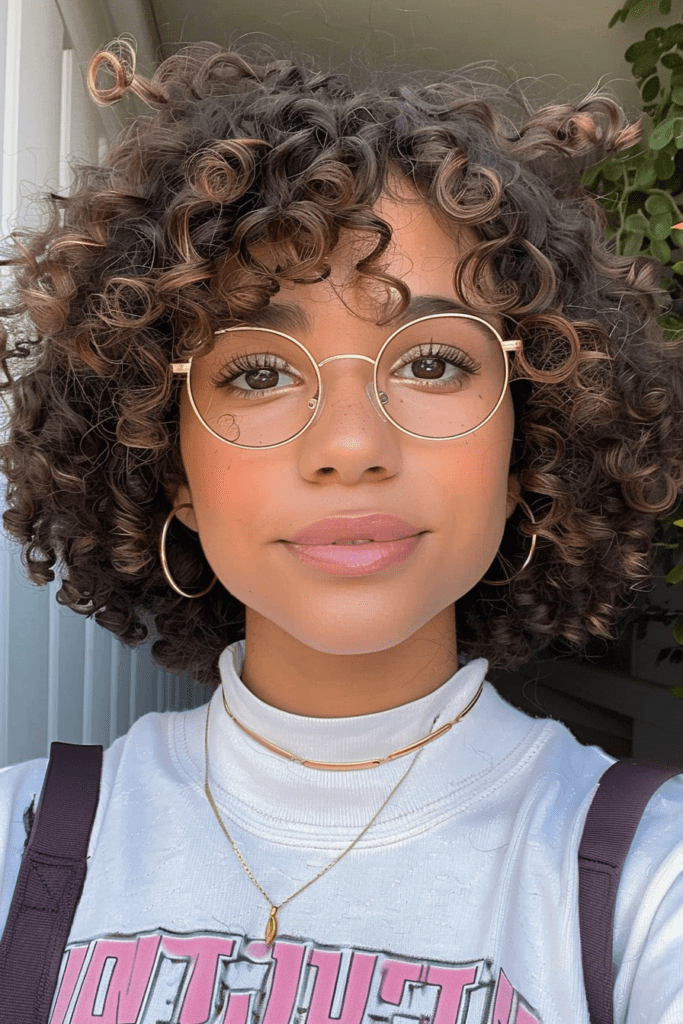 Short Coiled Curls with curtain bangs