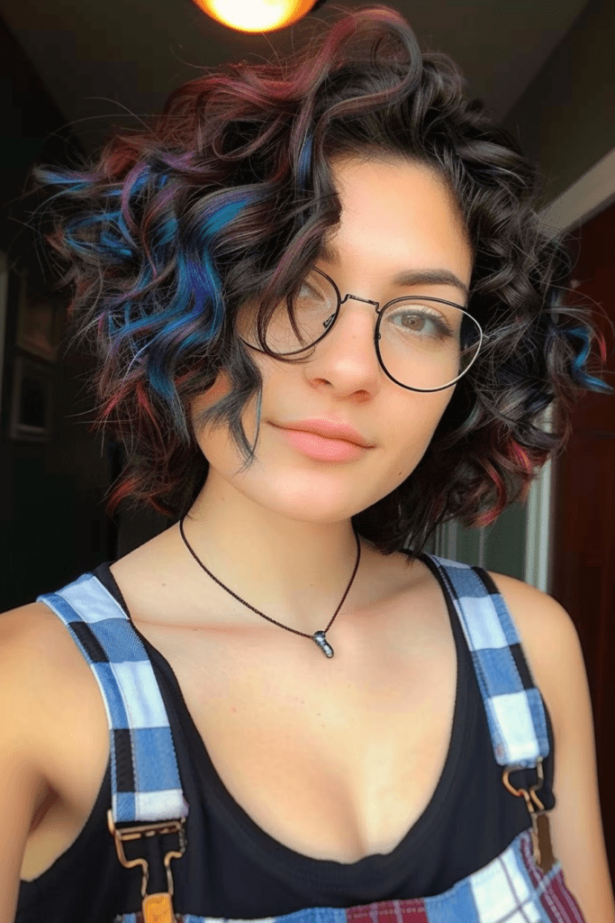 Short Curly Hair with Blue and Red Highlights