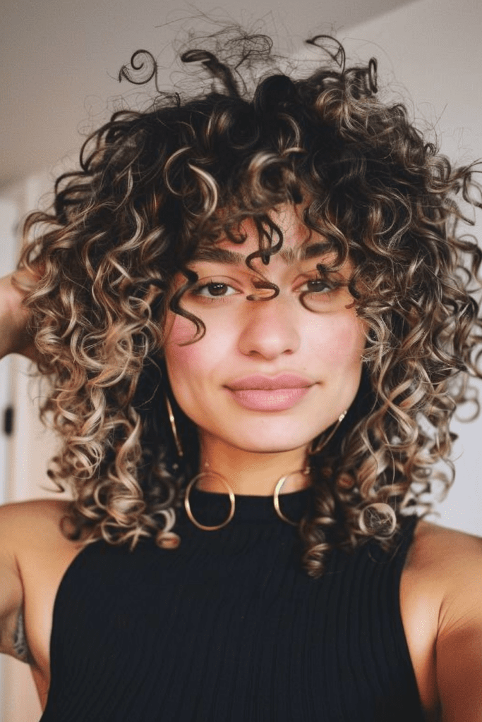 Shoulder Length Curly Hairstyle with Bangs and Highlights