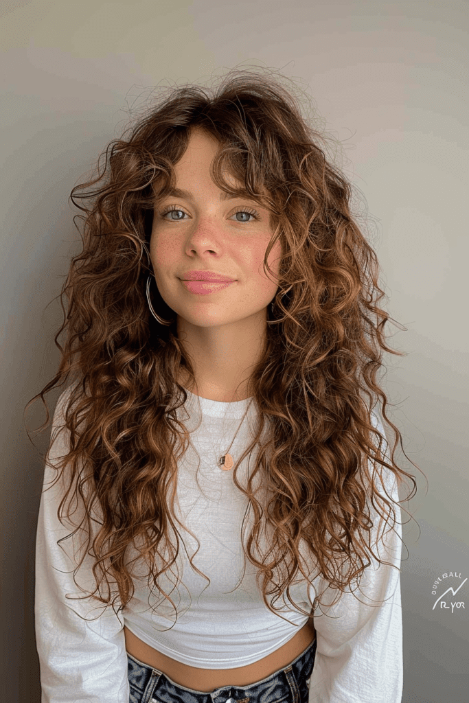 Very Long Curly Hair with curtain bangs