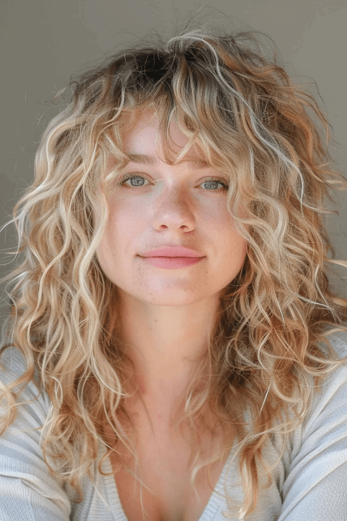 Wavy Blonde Hair with Curly Bangs