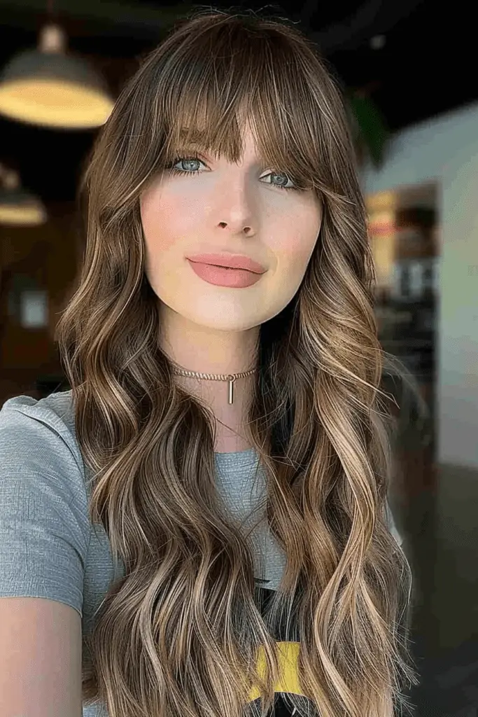 Ash Brown Long Hair with Full Bangs on women with wavy hair