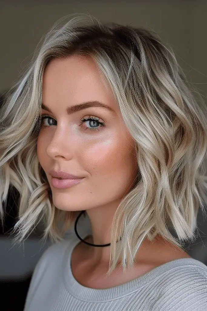 Blunt Ash Blonde Bob with Messy Waves