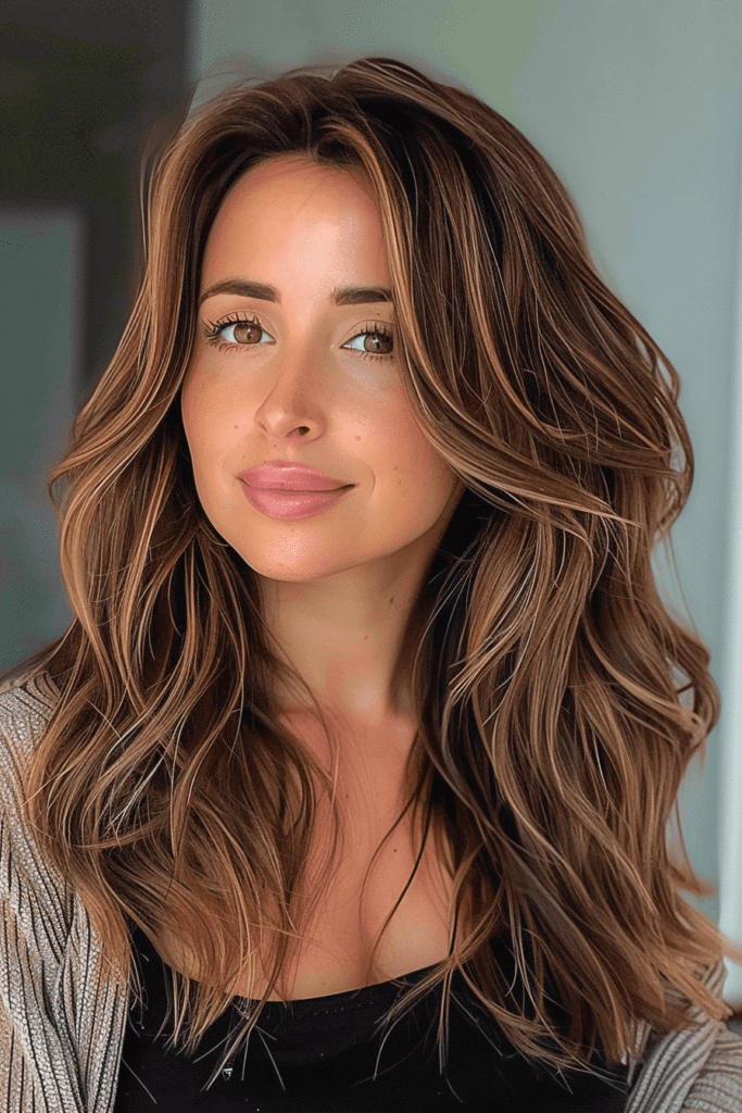 Brunette Hair with Light Brown Highlights for ladies with thick medium to long hair