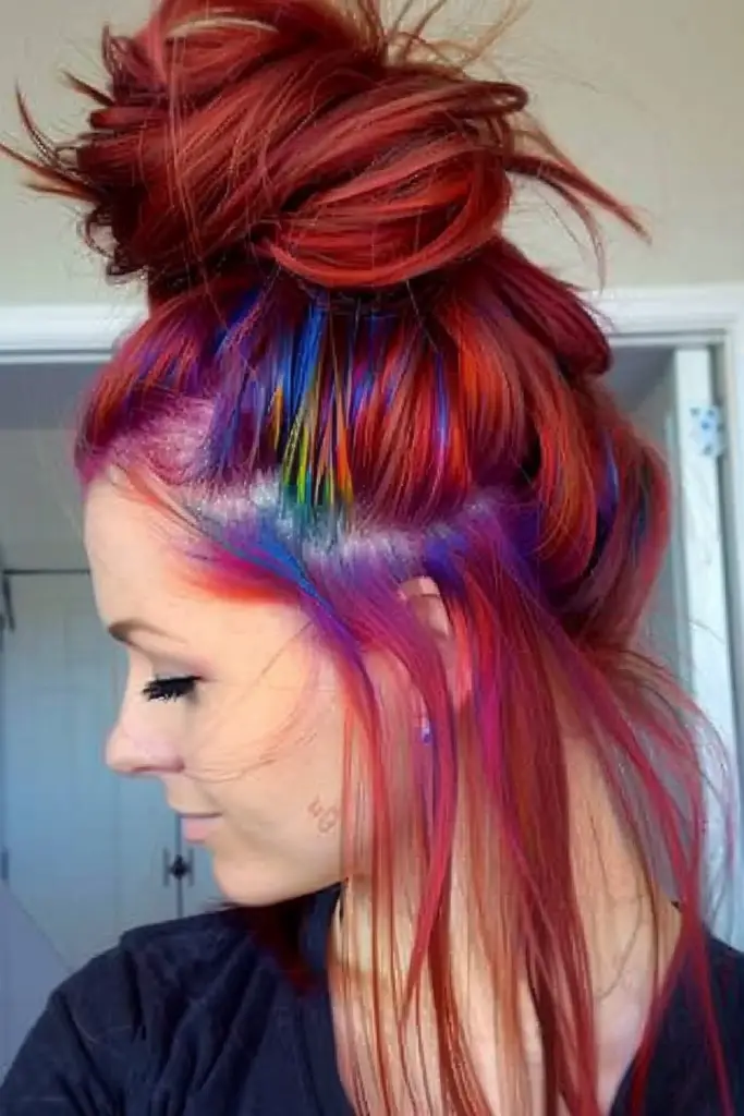 Bun Updo For Red Hair With Rainbow Highlights