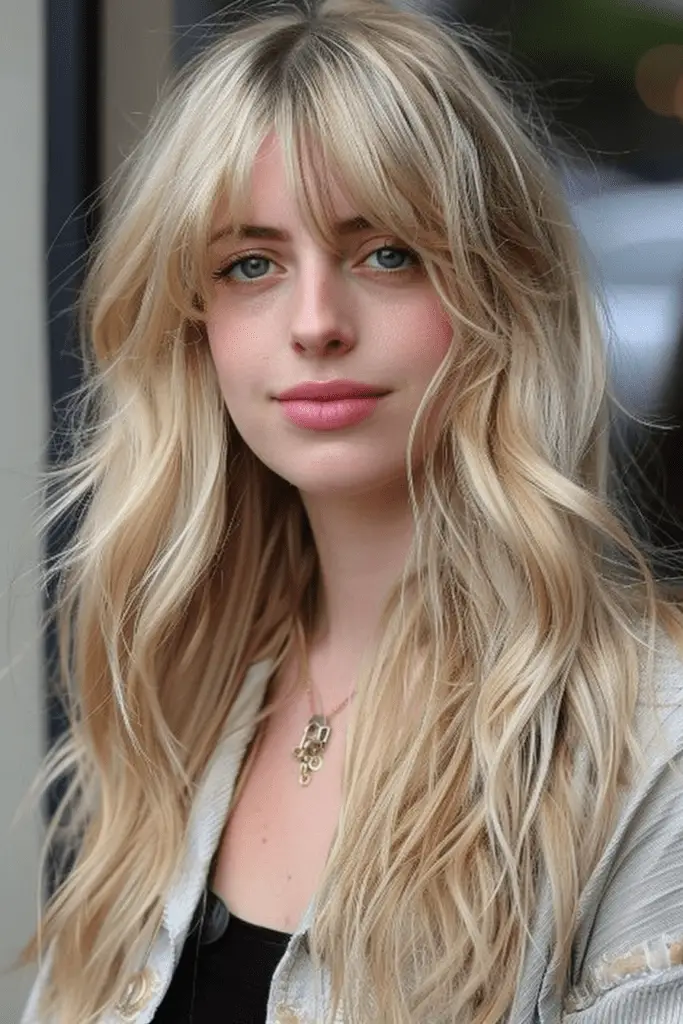 Champaign Blonde Long Hair with Curtain Bangs