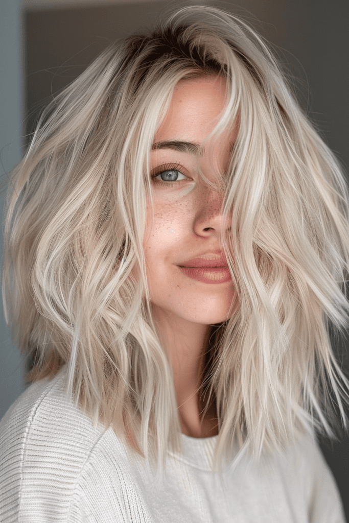 Creamy White Blonde Lob with Shadow Roots