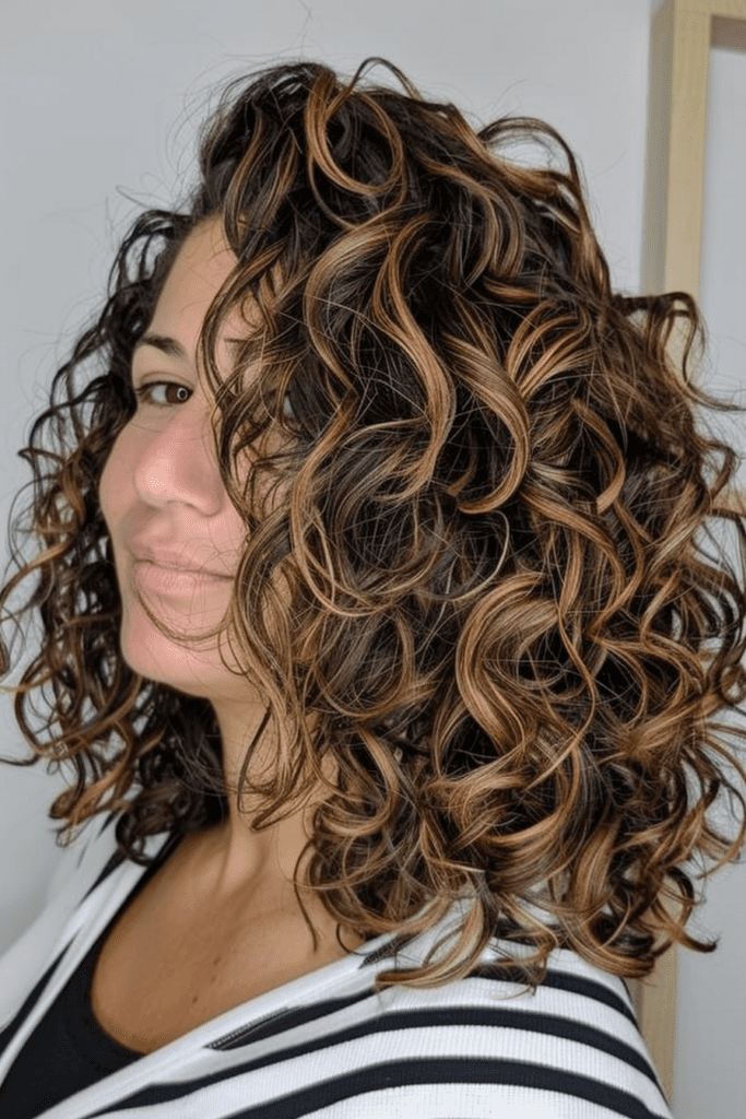 Curly Midi Hair with Highlights and Lowlights