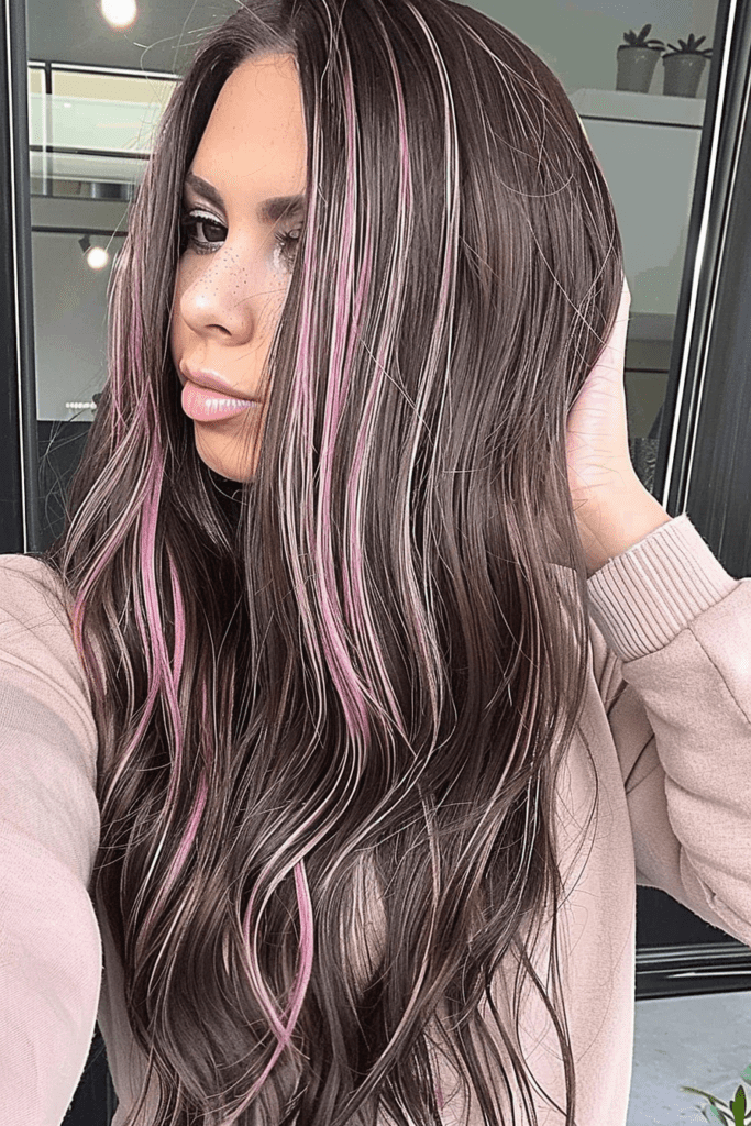 Dark Brown Long Hair with Light Pink Highlighted Streaks