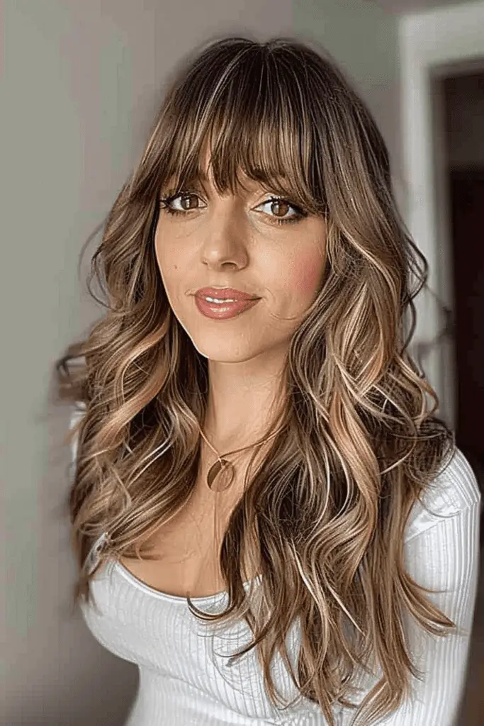 Full Thick Bangs for Long Balayage Hair on women with long faces