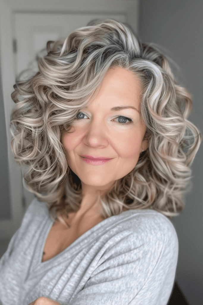 Gray Blonde Curly Hairstyle with Lowlights