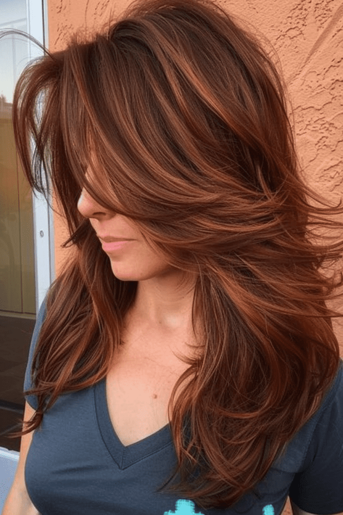 Layered Brown Hair With Copper Balayage