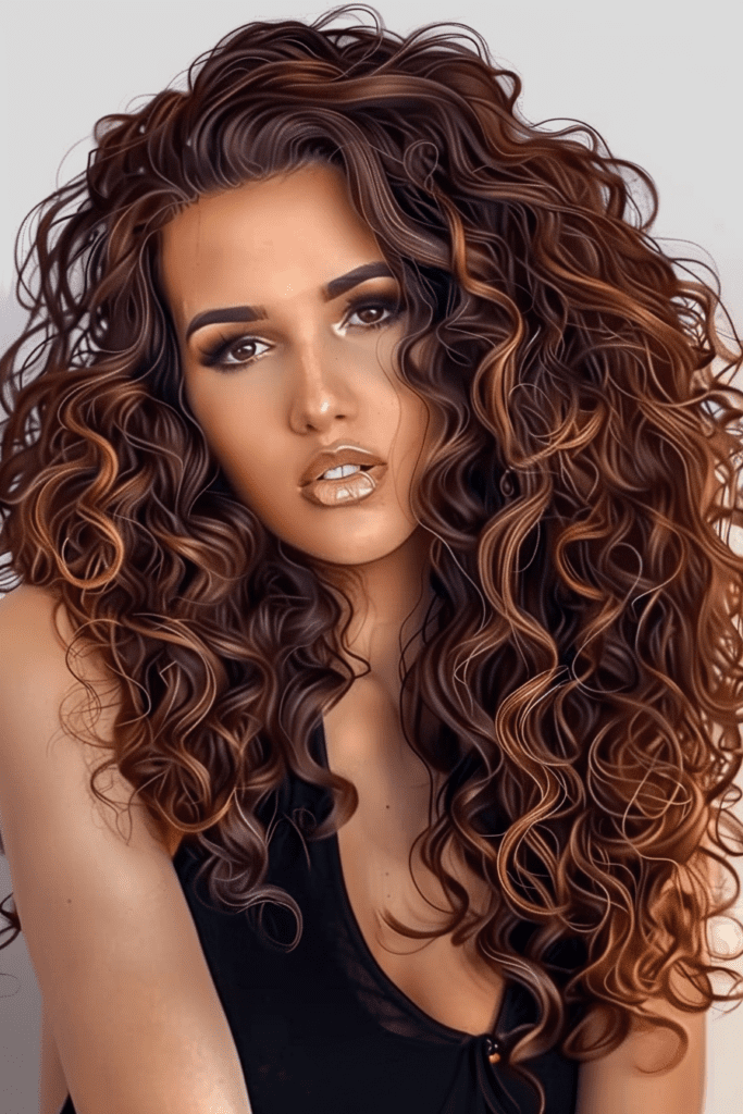 Long Chocolate and Caramel Curly Hairstyle