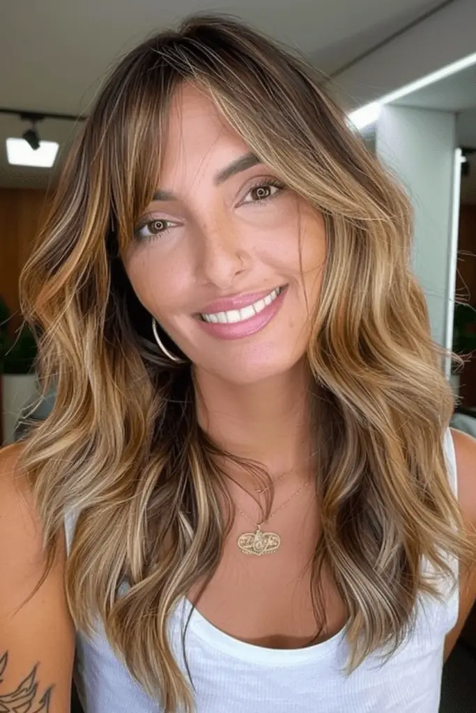 Long Curtain Bangs with Highlights and Irregular Middle Part