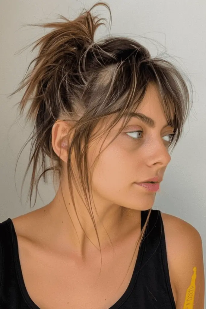 Long Curtain Bangs with Highlights and Irregular Middle Part P Messy Updo with Long Curtain Bangs