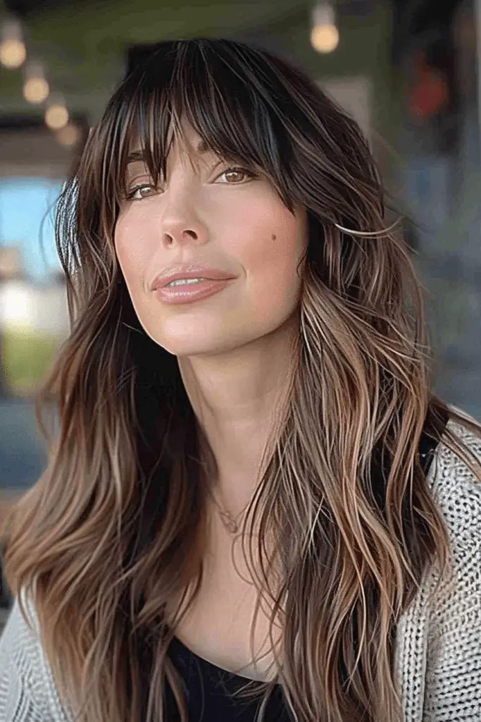 Long hair with subtle highlights and arched bangs