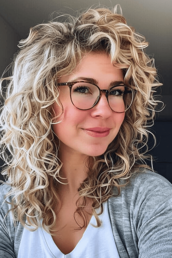 Medium Blonde Curly Style with Glasses