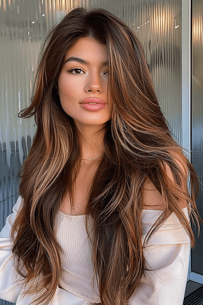 Side Swept Gorgeous Brown Long Hair with Highlights