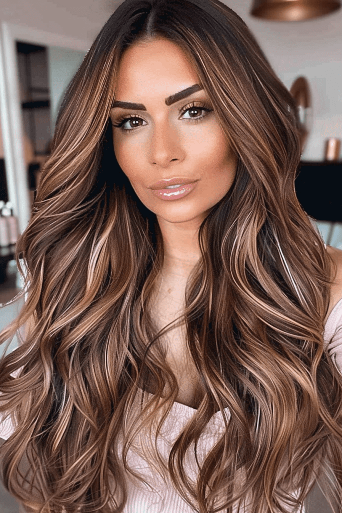 Thick Dark Brown Hair with Caramel Highlights for women with long hair