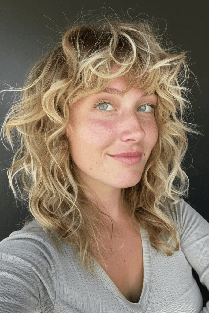 Toasted Blonde Curly Shag with Bangs