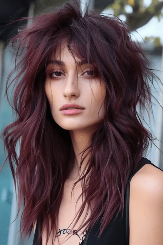 Tousled Wolf Hairstyle in Dark Burgundy Tones