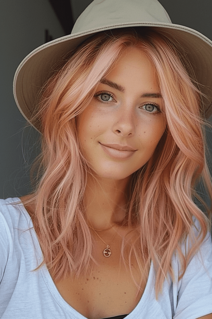 layered hairstyle and rose gold hair color idea