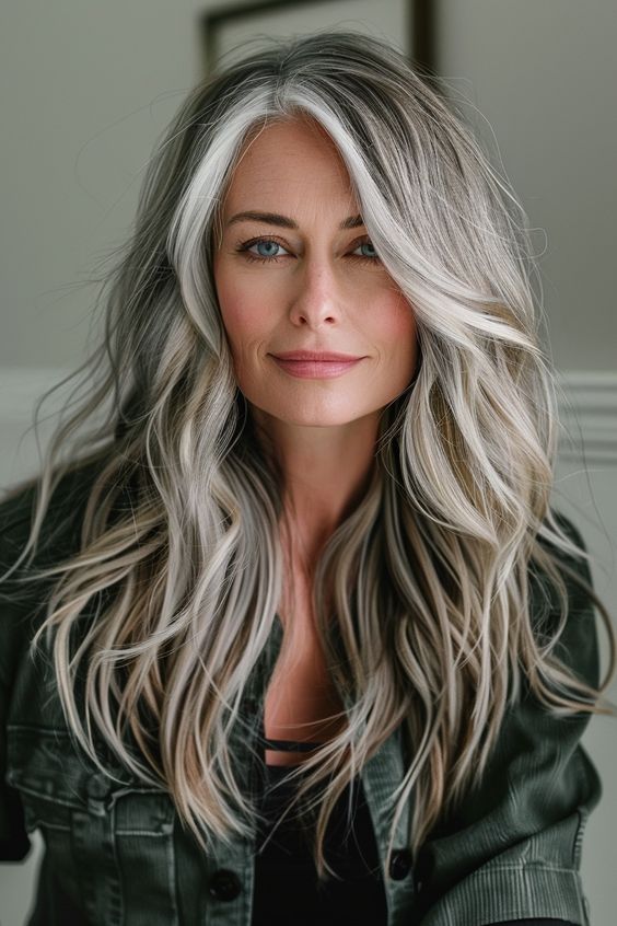 woman over 50 with long grey hair featuring soft, face-framing bangs and loose waves. Her hairstyle showcases natural grey hair with a mix of silver and white highlights, adding depth and texture. 