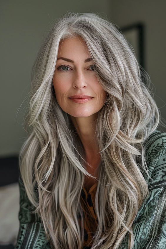 A close-up portrait of a confident middle-aged woman with long, flowing silver hair styled in soft waves. 